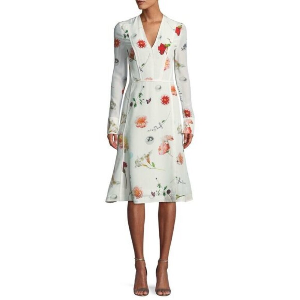 Narciso Rodriguez White Silk Dress Colored Floral Print  Sz 42 EU NWT